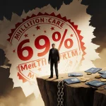 Person standing on cliff edge with looming healthcare premium sticker and scattered cards and coins and broken chains