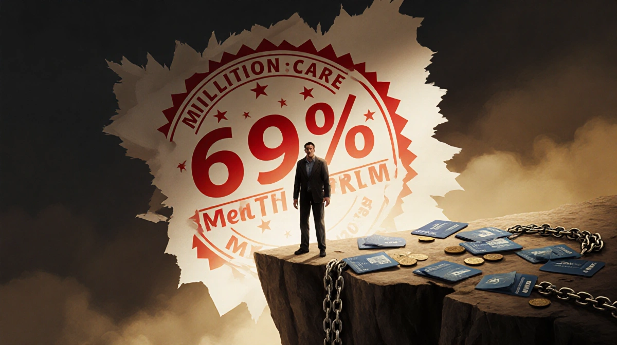 Person standing on cliff edge with looming healthcare premium sticker and scattered cards and coins and broken chains