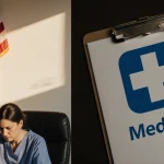 Healthcare professional seated at desk reviewing clipboard with Medicaid logo while a faded American flag hangs behind.