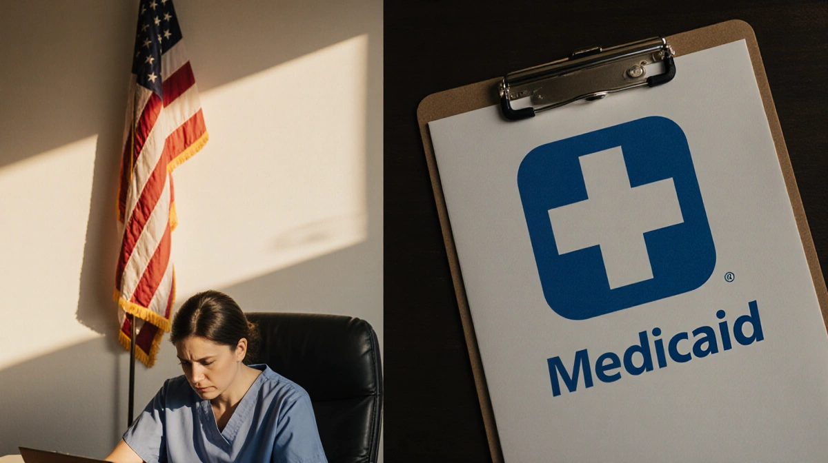 Healthcare professional seated at desk reviewing clipboard with Medicaid logo while a faded American flag hangs behind.