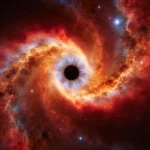 White dwarf star illuminates swirling vortex of fiery gas with crimson and orange glow of the nebula