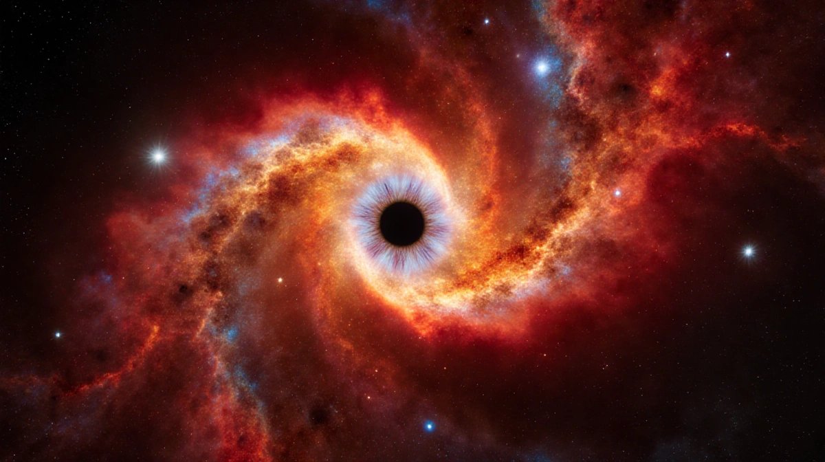 White dwarf star illuminates swirling vortex of fiery gas with crimson and orange glow of the nebula