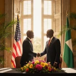 American dignitary shakes hands with Ivorian counterpart at a modern meeting table near vibrant African flowers and colonial-