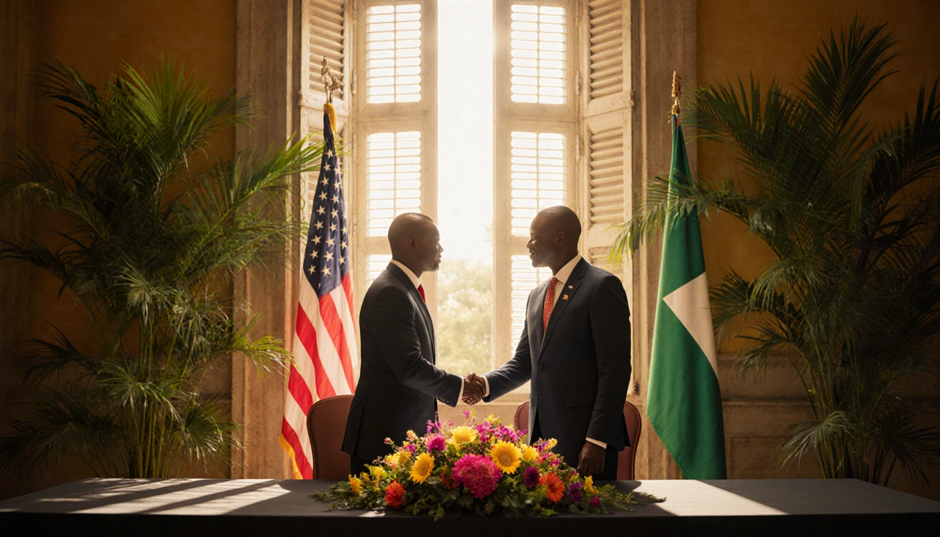 American dignitary shakes hands with Ivorian counterpart at a modern meeting table near vibrant African flowers and colonial-