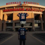 Fan stands at Highmark entrance looking up at Ralph sign with Bills jersey draped over it and sunset light.