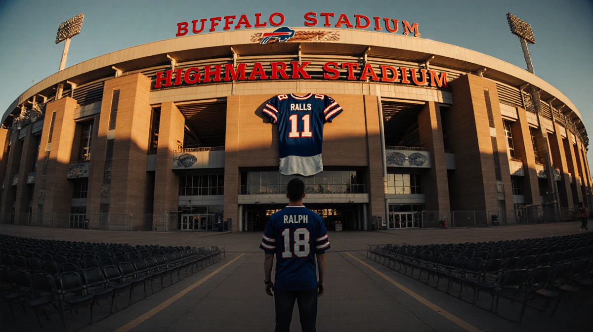 Fan stands at Highmark entrance looking up at Ralph sign with Bills jersey draped over it and sunset light.