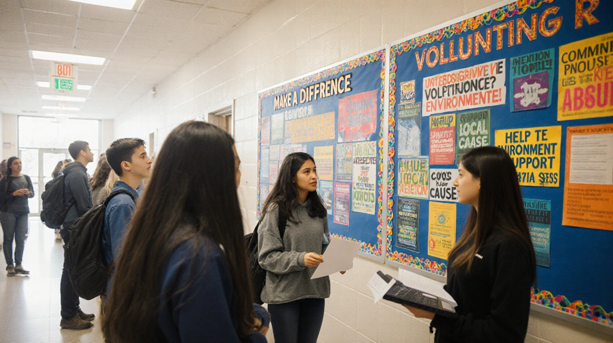 Students gather around a bulletin board with colorful volunteer posters and laptops logging hours in a sunlit hallway