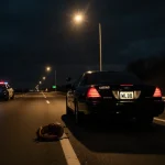 Police vehicle stands beside a black sports car with a warm streetlight and a discarded baseball glove on the pavement