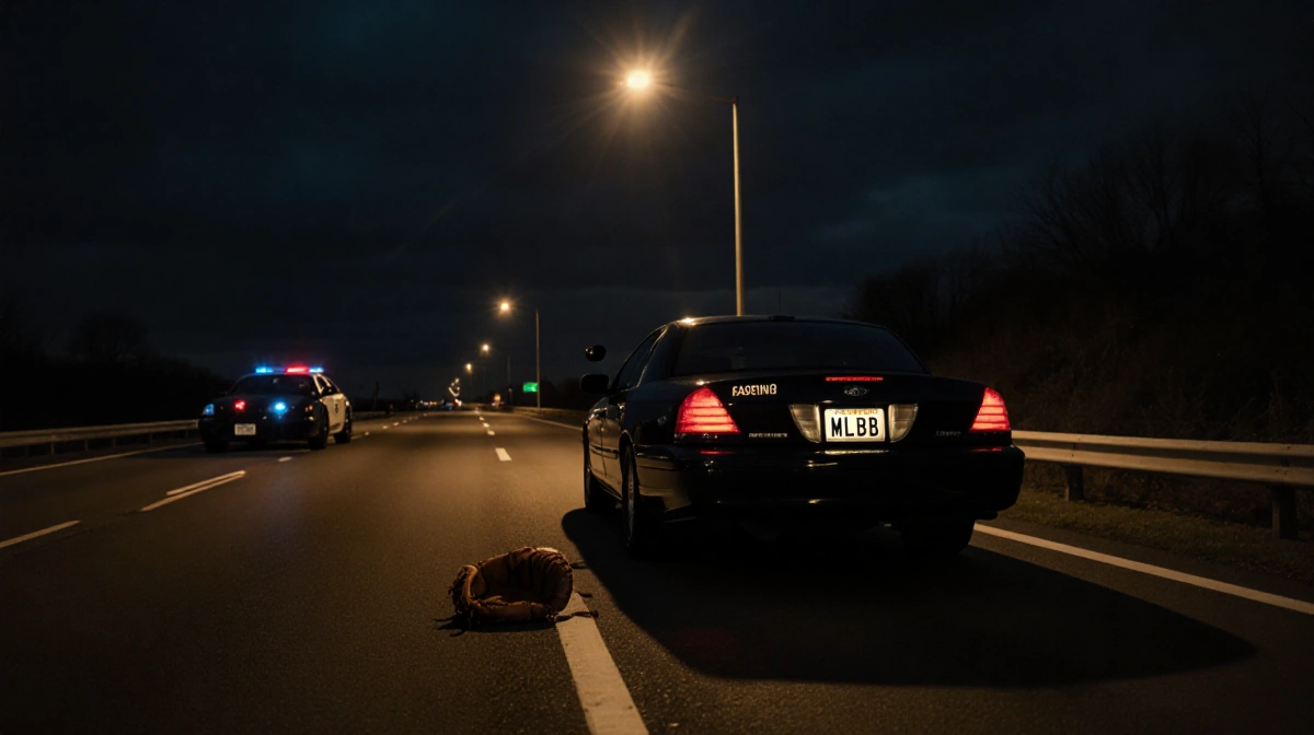 Police vehicle stands beside a black sports car with a warm streetlight and a discarded baseball glove on the pavement