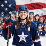 Hilary Knight stands proud with hockey stick raised beside a gleaming American flag and teammates in matching jerseys.