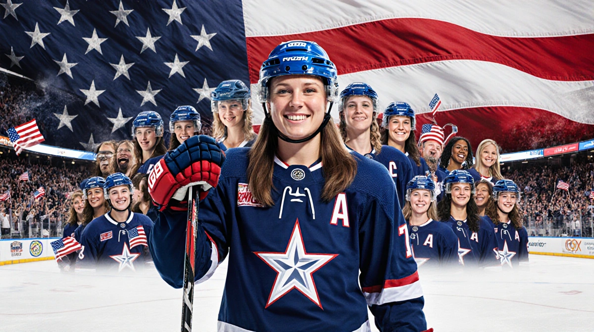 Hilary Knight stands proud with hockey stick raised beside a gleaming American flag and teammates in matching jerseys.