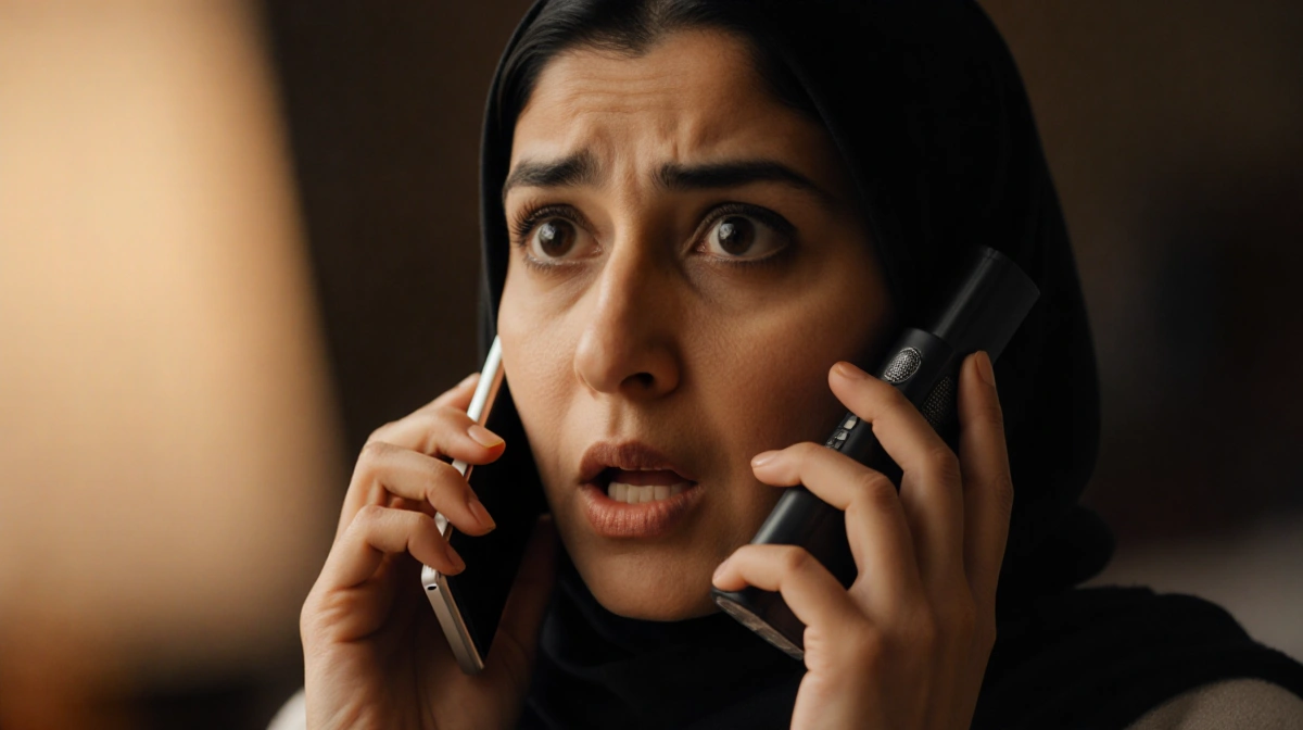 Hind Rajab holds phone and audio recorder with shocked expression and blurred background showing raw emotion