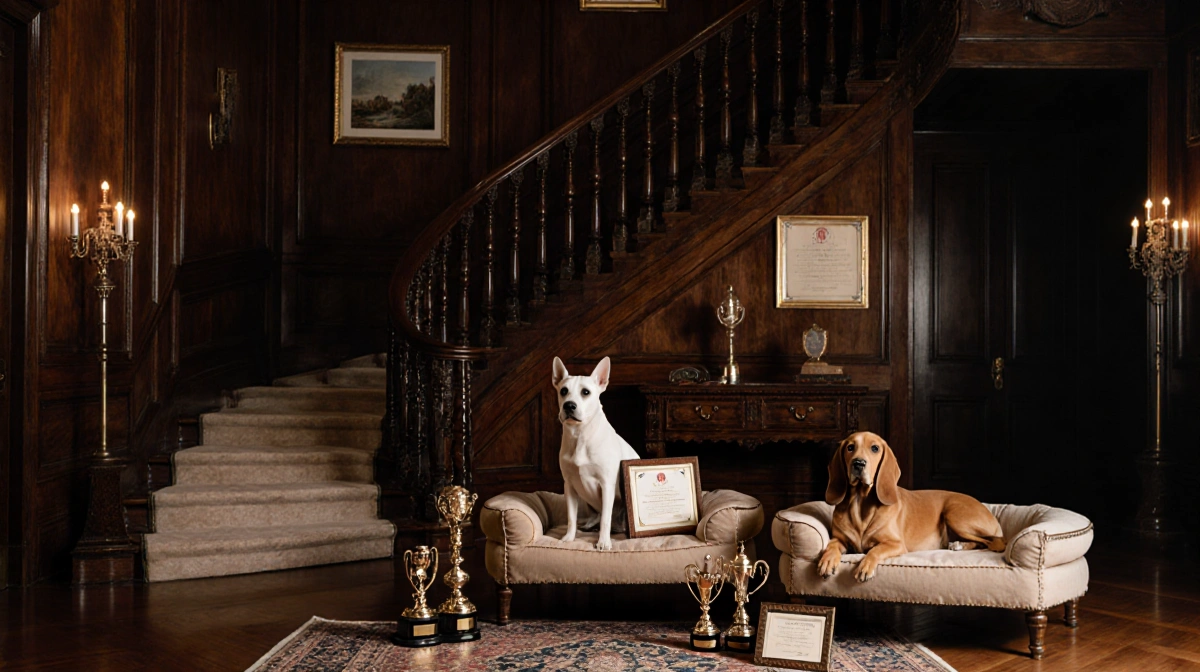 Dogs sit proudly on elegant beds with AKC certificates and trophies in a historic mansion hallway