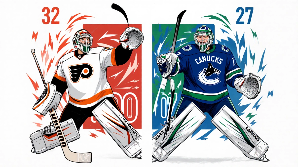 Two hockey goalies celebrate with dynamic motion lines showing 32 saves for Vladar and 27 for Demko.