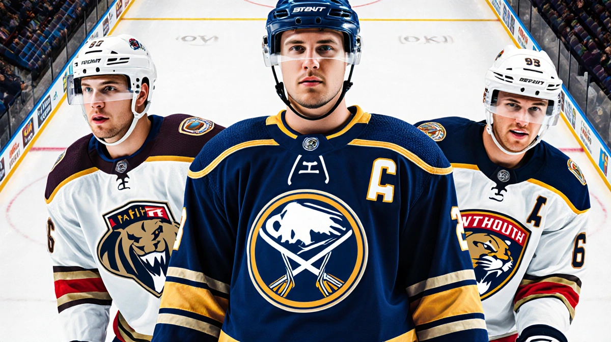 Tage Thompson stands center of triangular lineup with Clayton Keller and Seth Jones in action poses on a hockey rink.