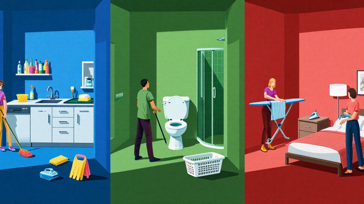 Woman washing dishes in blue kitchen with supplies while brushes a toilet in green bathroom and a third irons in red bedroom.