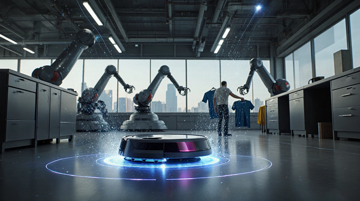 Futuristic household bot folding laundry with sparkling lines and a cityscape.