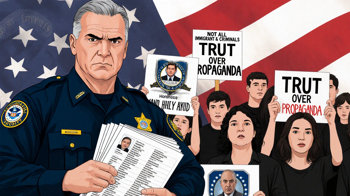 Homeland Security agent holding criminal dossiers with stern face and protesters chant immigration truth under muted flag