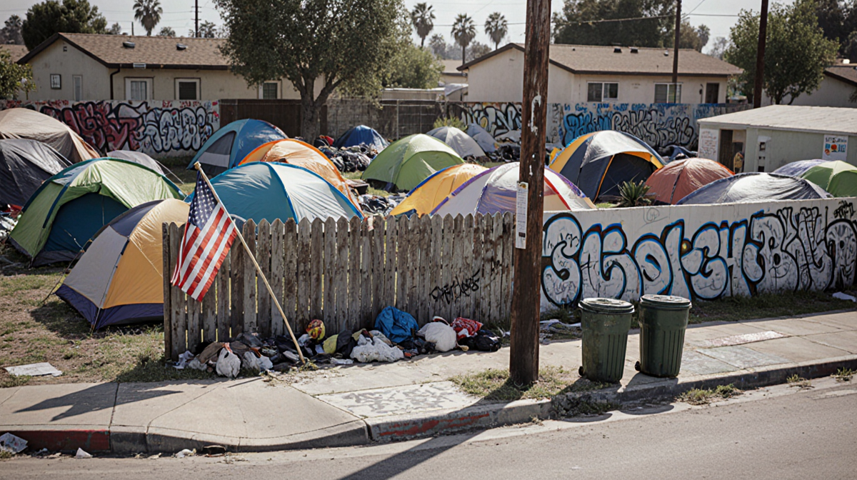 Homeless tents cluster with faded flag over fence and graffiti walls in southern Los Angeles County.