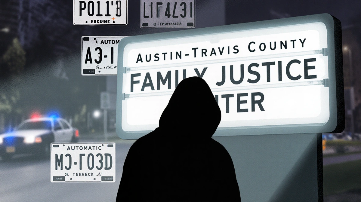 Homeless figure standing near sign reading Family Justice Center with background showing blurred license readers.