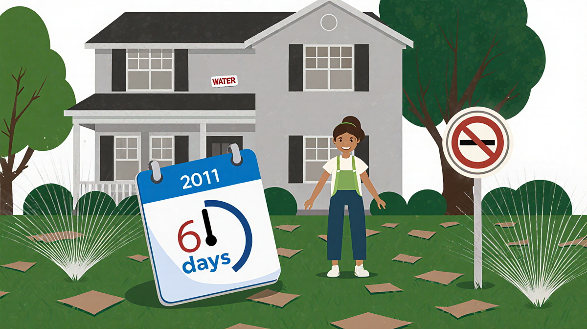 Homeowner standing in front of home with disordered lawn and water restriction sign and calendar