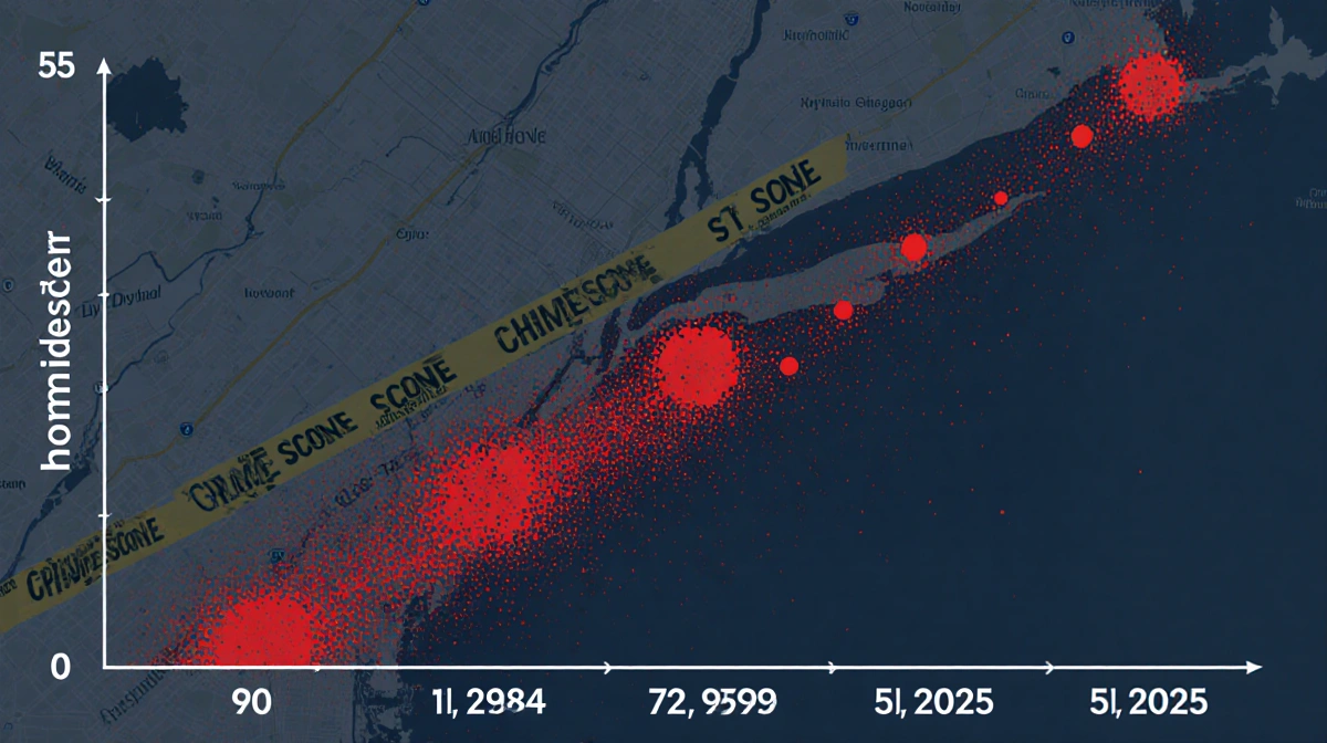 Map illustrating homicide decline with red dots shrinking and fading over time and crime scene tape overlay