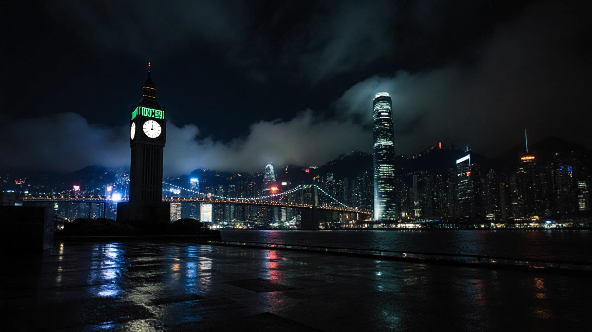 Clock tower glowing with LED countdown and dim Hong Kong skyline and misty Victoria Harbour bridge