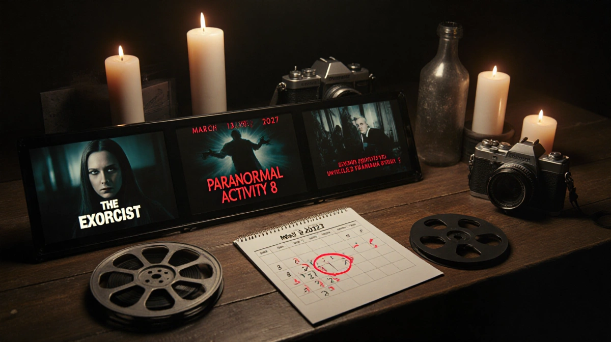 Dimly lit candles glow beside vintage cameras and film reels with The Exorcist and Paranormal Activity titles on weathered wo