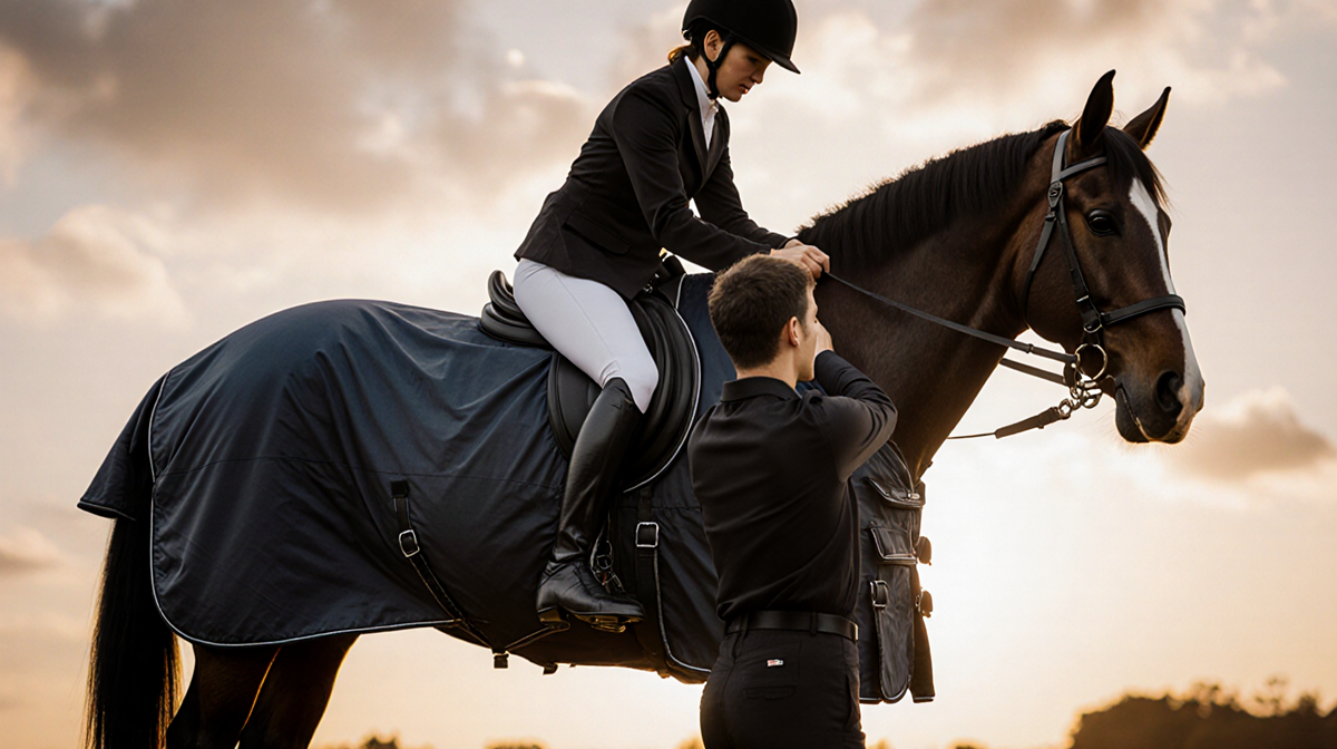 Rider gently placing a horse blanket on a reluctant horse with soft sunset light and visible resistance