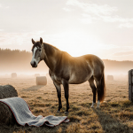 Horse standing calmly with sunrise behind it and misty pasture surrounding a rustic fence and hay bales