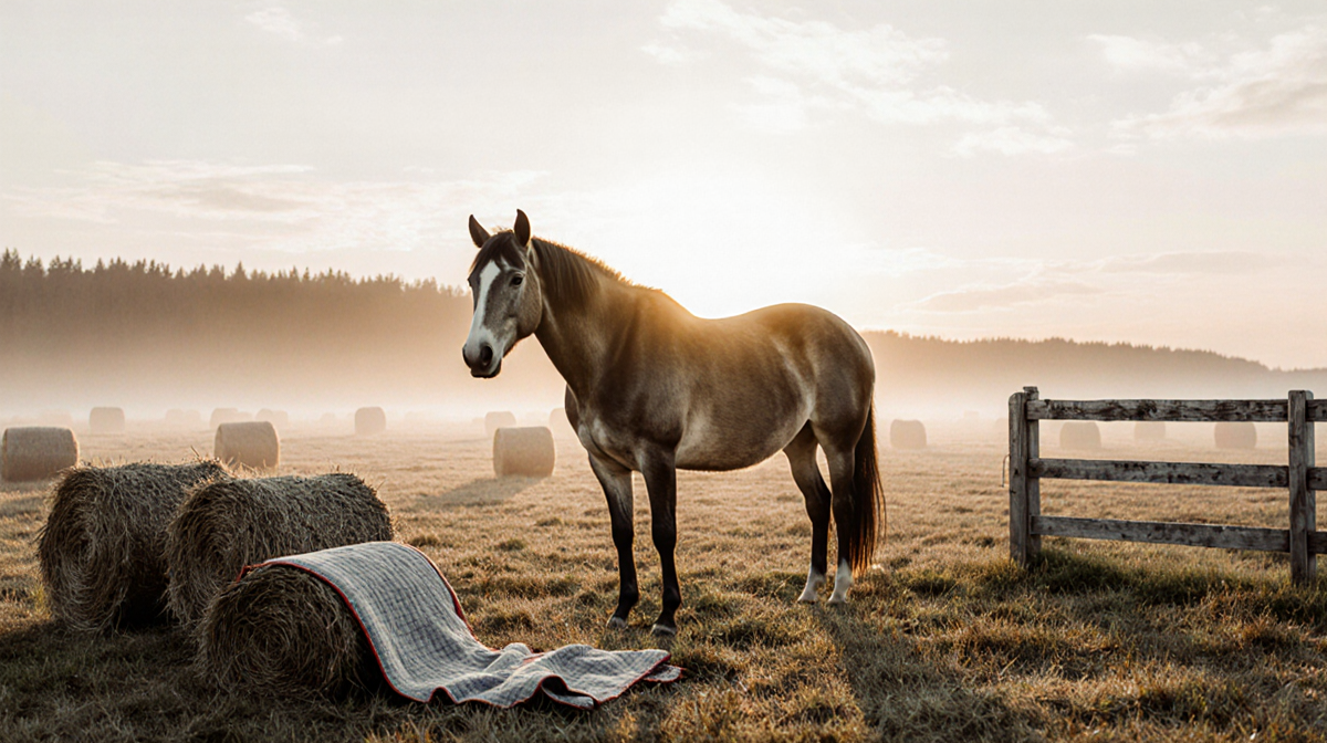 Horse standing calmly with sunrise behind it and misty pasture surrounding a rustic fence and hay bales
