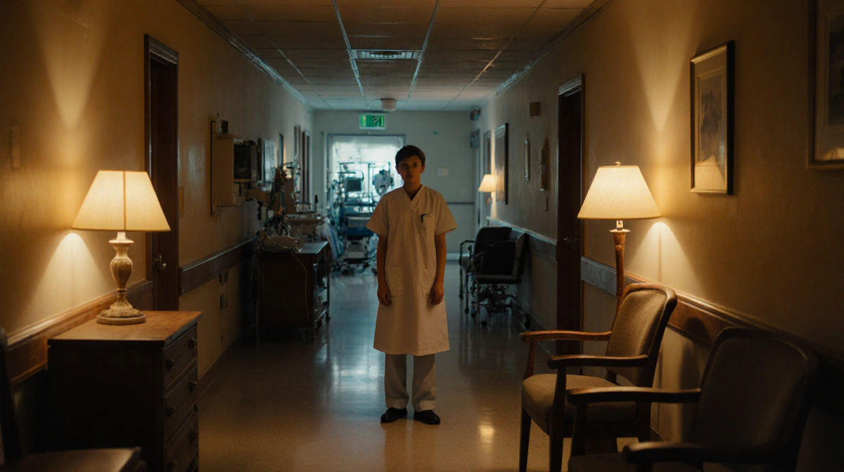 Nurse standing in moonlit hospital corridor with warm golden floor lamps and worn wooden furniture