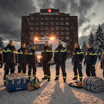 Hospital emergency crew standing at entrance with winter gear and medical equipment blankets and food trays