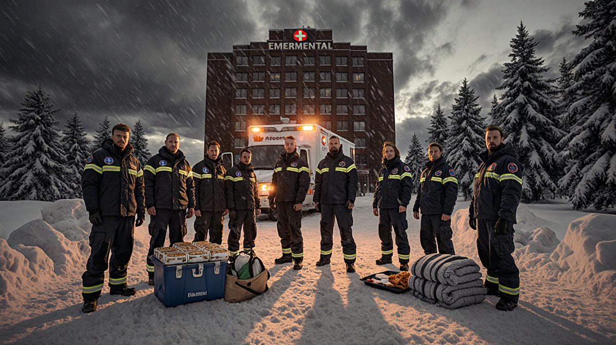 Hospital emergency crew standing at entrance with winter gear and medical equipment blankets and food trays