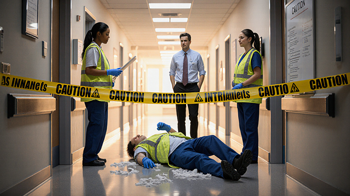 Medical staff in yellow vests holding warning signs patient surrounded by caution tape whiteboard showing fall prevention