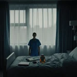 Patient stands beside a draped bed in a hospital isolation room with a dark window and scattered personal items.