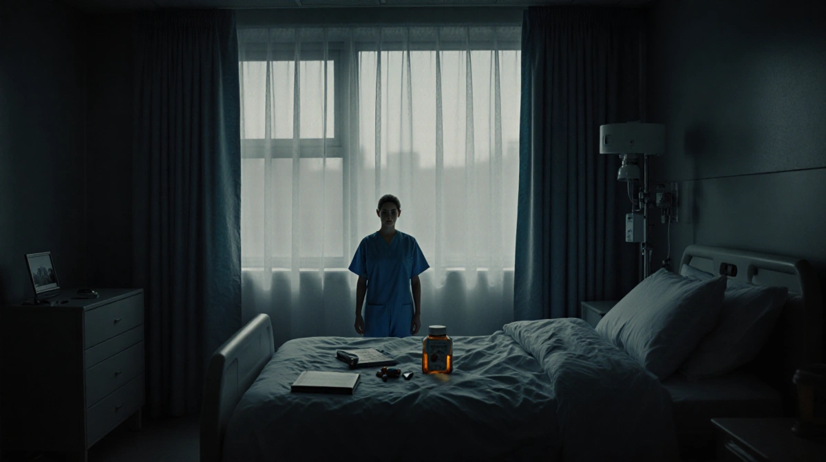 Patient stands beside a draped bed in a hospital isolation room with a dark window and scattered personal items.