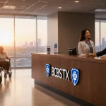Patients walking toward a reception desk with Blue Cross Blue Shield and Ascension Texas logos in a calm hospital lobby