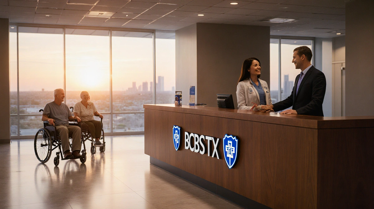 Patients walking toward a reception desk with Blue Cross Blue Shield and Ascension Texas logos in a calm hospital lobby