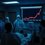 Doctors in hazmat suits tending wheezing patients in an ER with blue lighting and a screen showing rising flu cases