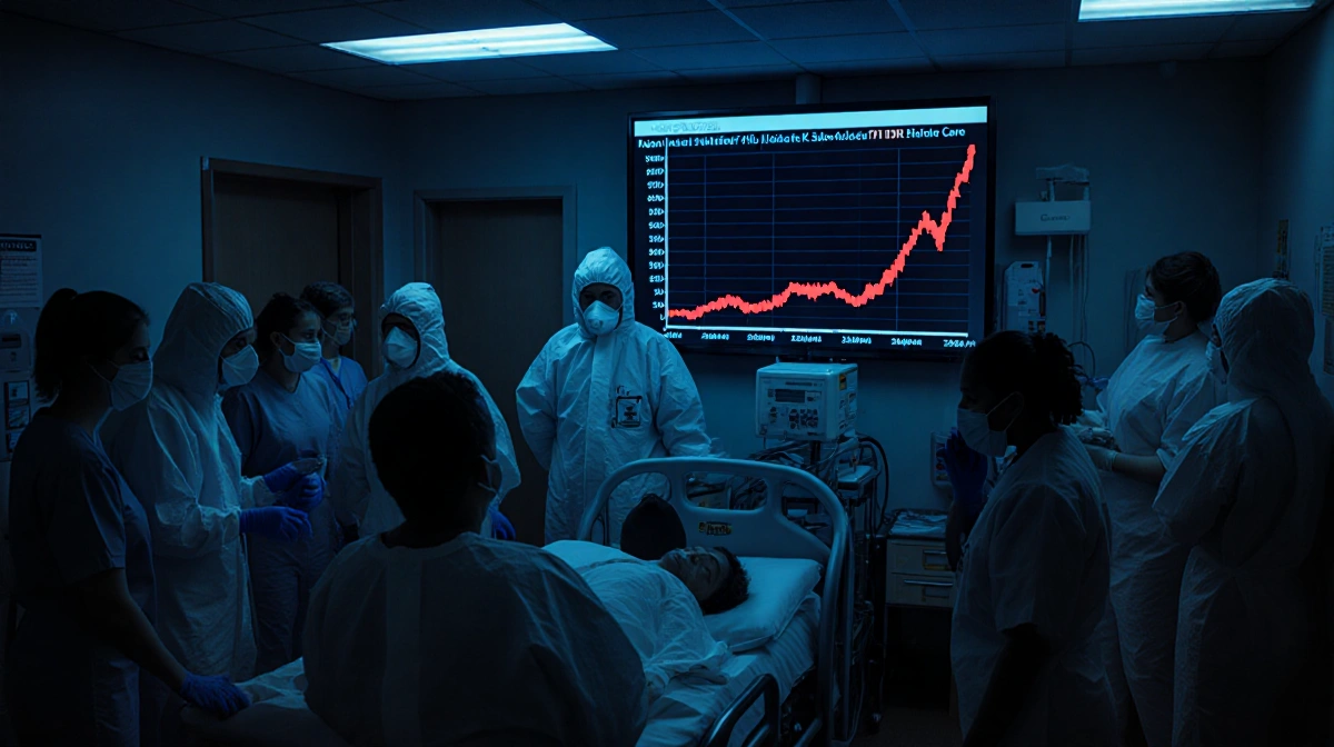 Doctors in hazmat suits tending wheezing patients in an ER with blue lighting and a screen showing rising flu cases