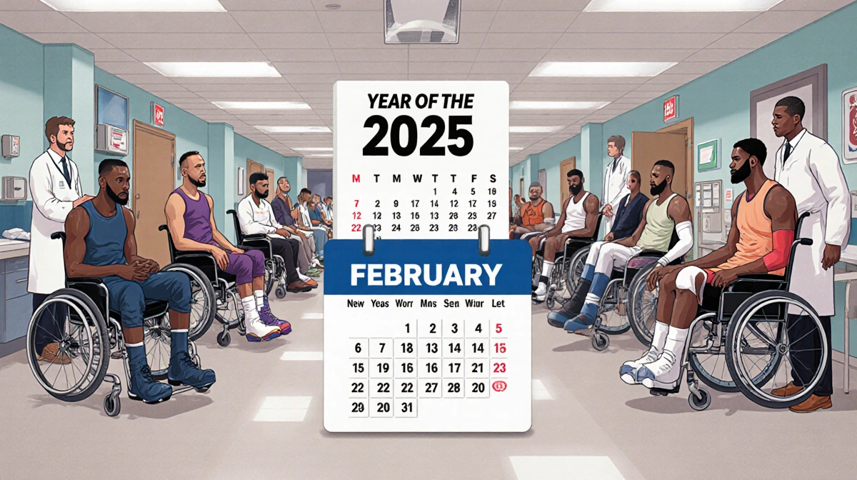 NBA players in casts and wheelchairs recover in hospital ward with medical staff attending and a February 2025 calendar loomi