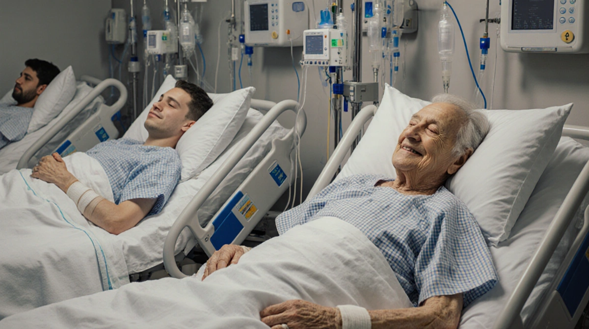 Patients lying in hospital beds with hopeful faces and bandages and IV lines in muted ward