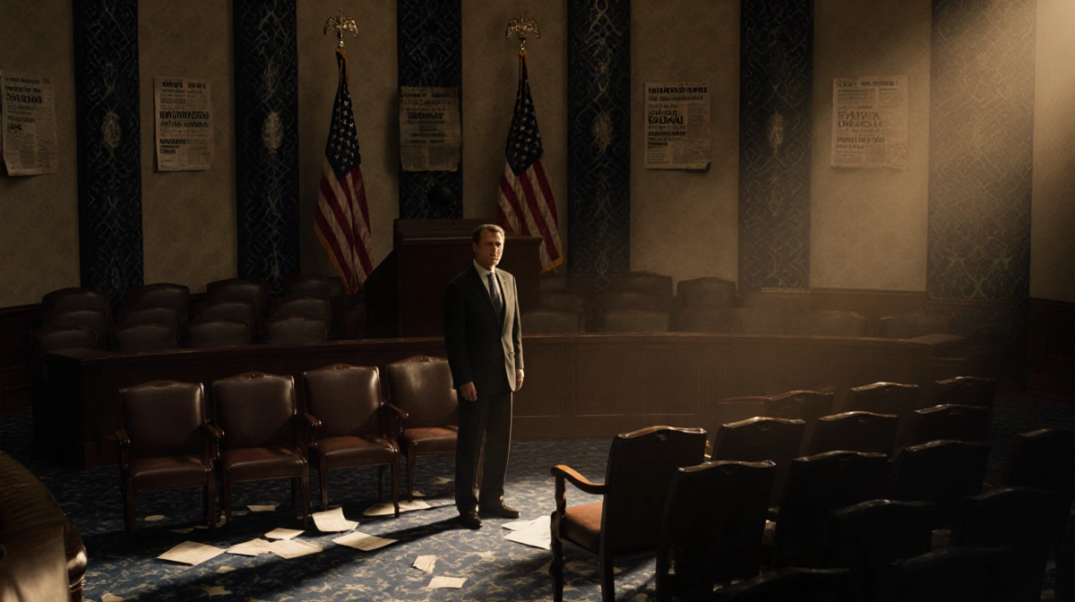 Lone lawmaker standing beside empty seat with dim House of Representatives chamber and golden light and faded flag