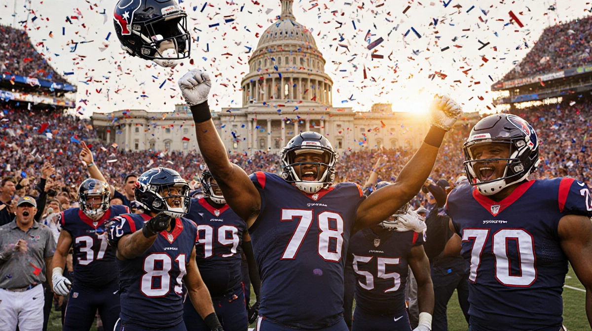 Houston Texans players celebrating playoff berth with confetti falling and fans cheering in blue and white