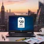 HP laptop displays $20 off discount on its lid with warm lighting and gaming gear around desk