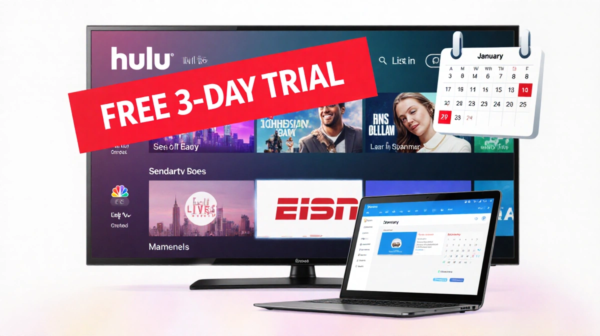 TV screen streaming live channels with a red FREE 3-DAY TRIAL banner and a tablet showing Hulu Live TV.