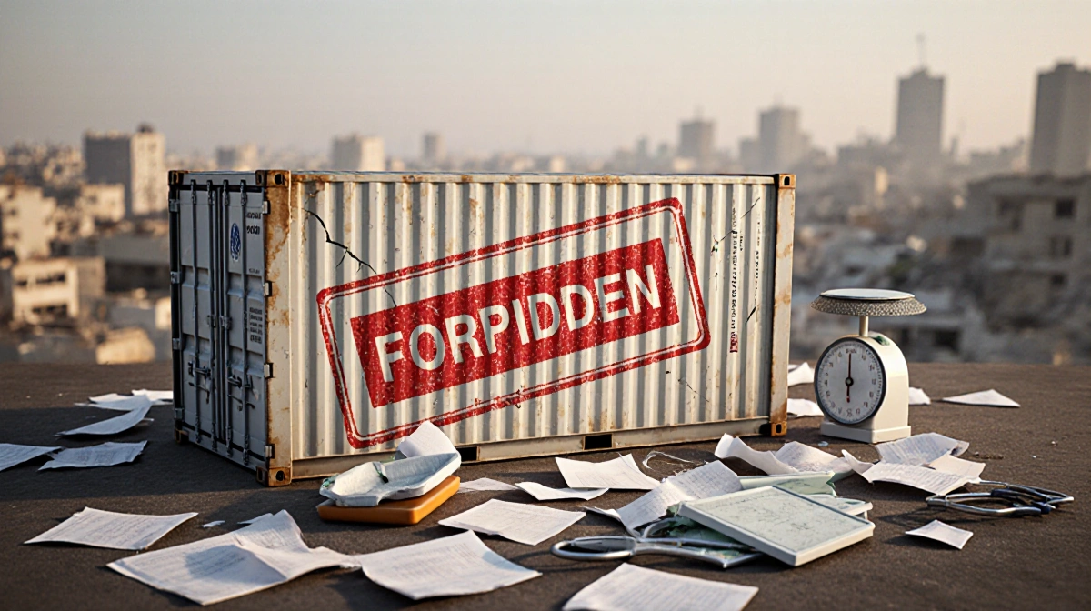 Humanitarian aid container bearing a forbidden stamp with shattered medical equipment near blurred ceasefire Gaza cityscape.