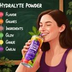 Person sipping electrolyte drink from colorful bottle with garnish and chalkboard flavor list in lush greenery wooden crates