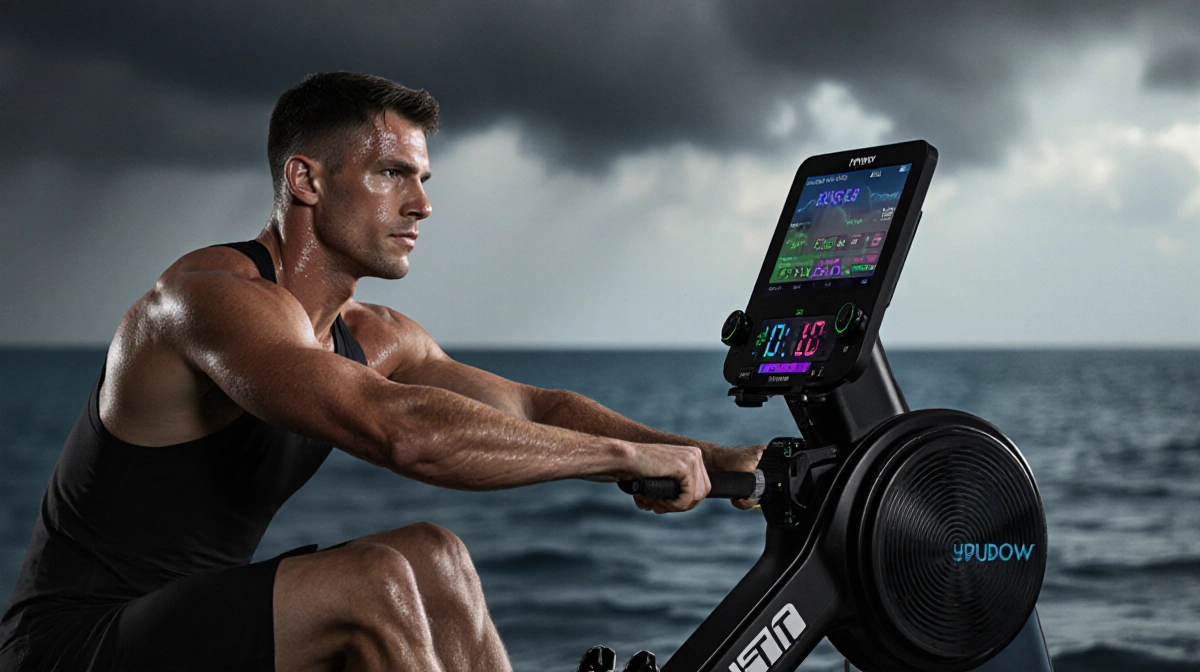 Rower rowing with rippling sweat muscles and glowing digital display on Hydrow console against blue-to-grey gradient workout